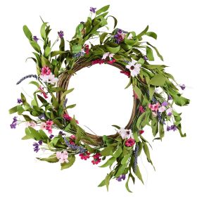 VEVOR Artificial Decorative Wreath, 22 in, Pink Green, Decorated with Daisies, Babysbreath, Buds