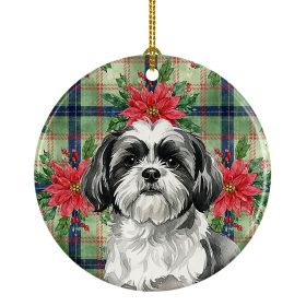 Black and White Shih Tzu Christmas PoinsettIas Ceramic Ornament Christmas Tree Hanging Decorations for Home Christmas Holiday, Party, Gift, 3 in