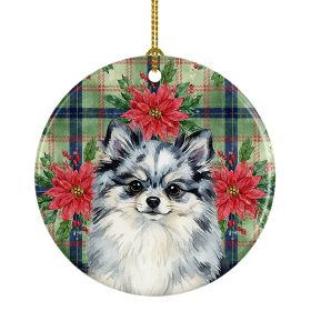 Blue Merle Pomeranian Christmas PoinsettIas Ceramic Ornament Christmas Tree Hanging Decorations for Home Christmas Holiday, Party, Gift, 3 in