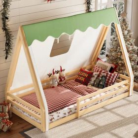 Twin Size House Floor Bed With Tent And Light, Solid Wood Teepee Floor Bed With Full-length Guardrails, Montessori And Childlike Design, Natural+ (Option: defaulttitle)