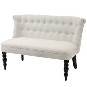 Scandinavian 2 Seater Button Tufted Loveseat Wooden Legs  Linen (Color: Cream White)