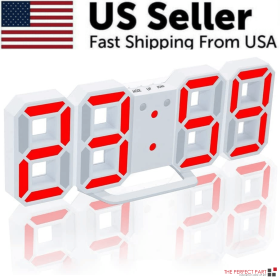 Digital 3D LED Big Wall Desk Alarm Clock Snooze 12/24 Hours Auto Brightness USB (Color: Red)
