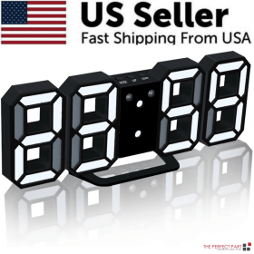 Digital 3D LED Big Wall Desk Alarm Clock Snooze 12/24 Hours Auto Brightness USB (Color: Black & White)