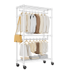 Heavy Duty Rolling Garment Rack 3 Tiers Adjustable Wire Shelving Clothes Rack with 2 Rods and Side Hooks