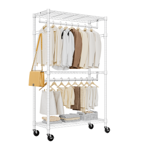 Heavy Duty Rolling Garment Rack 3 Tiers Adjustable Wire Shelving Clothes Rack with 2 Rods and Side Hooks (Color: White)