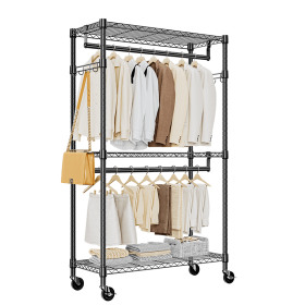 Heavy Duty Rolling Garment Rack 3 Tiers Adjustable Wire Shelving Clothes Rack with 2 Rods and Side Hooks (Color: Black)