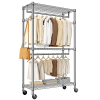 Heavy Duty Rolling Garment Rack 3 Tiers Adjustable Wire Shelving Clothes Rack with 2 Rods and Side Hooks