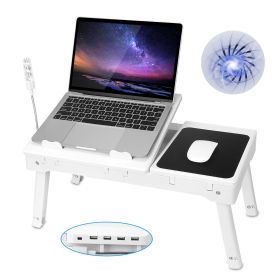 Foldable Laptop Table Bed Notebook Desk w/Cooling Fan Mouse Board LED light 4 x USB Ports Breakfast Snacking Tray with Storage Groove For Home Of (Color: White)